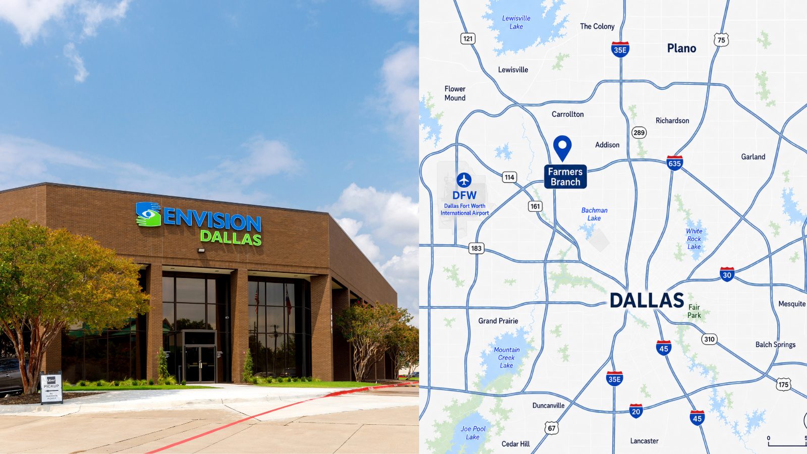 Envision, Dallas Campus in Farmers Branch, Texas, shown with a map of the Dallas Fort Worth metroplex locating the campus near I-635, the Dallas North Tollway, and DFW International Airport