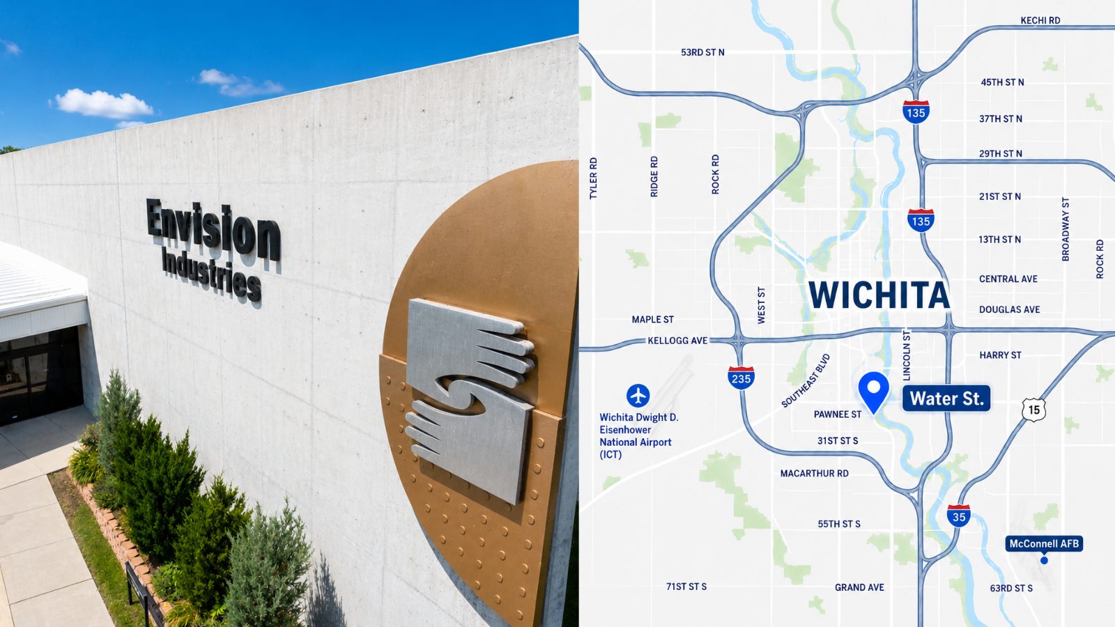 Envision, Wichita Campus on South Water Street, shown with a map of Wichita locating the campus south of downtown near I-235, Wichita Dwight D. Eisenhower National Airport, and McConnell Air Force Base
